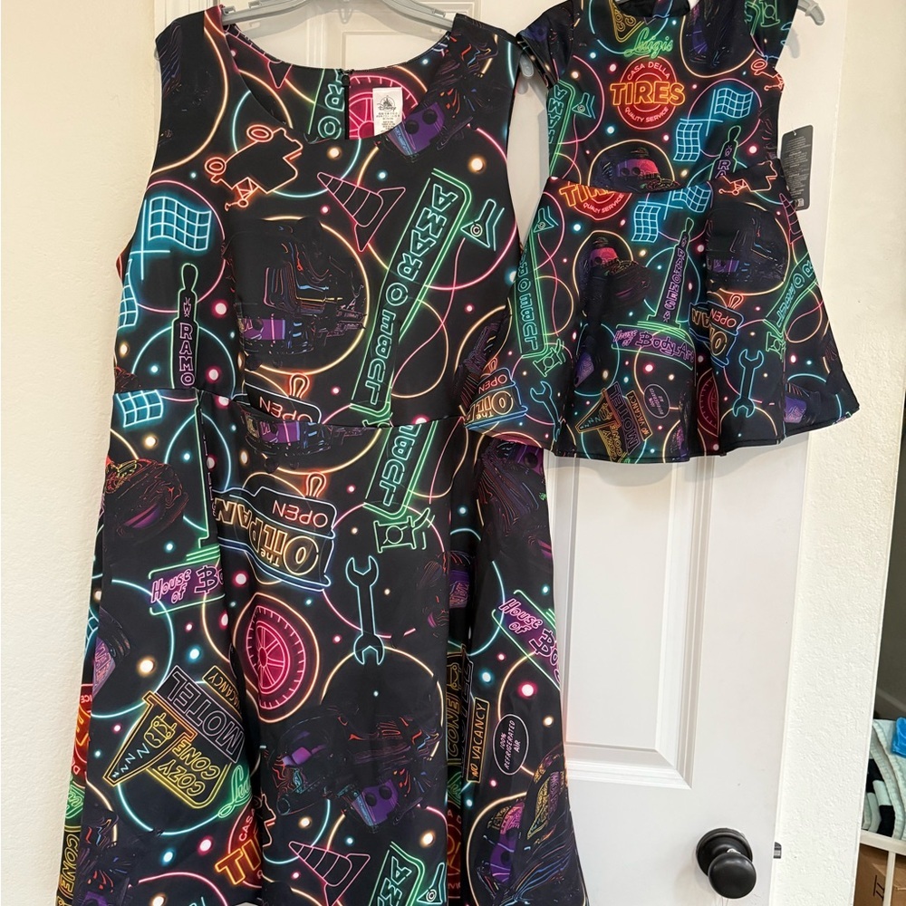 Disney “Cars” Neon sign vintage swing dress with matching toddler dress